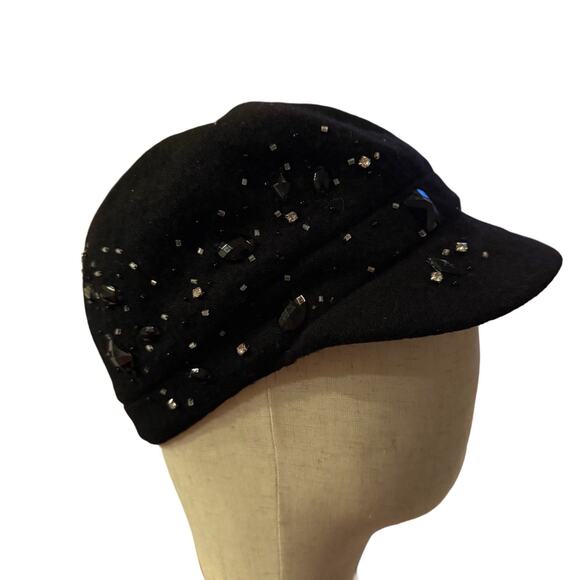 VTG 90s Y2K Scala Pronto BLK Wool Jeweled Newsboy Cap Euroglam Goth Boho OS - Picture 4 of 7